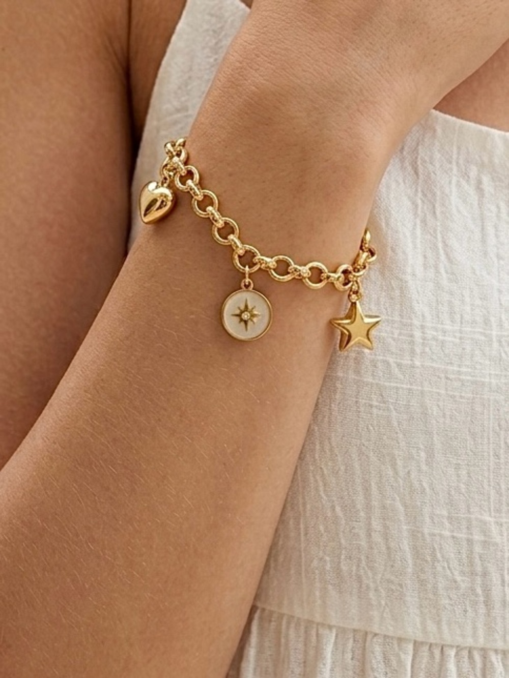 14K Gold Plated Celestial Charm Bracelet Heart Star Compass Toggle Link Chain